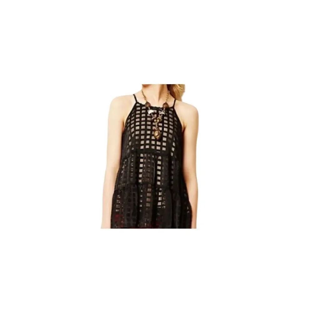 HD Paris Tiered Halter Top Black Beige Sleeveless Cocktail Tie Back Shirt Sz M